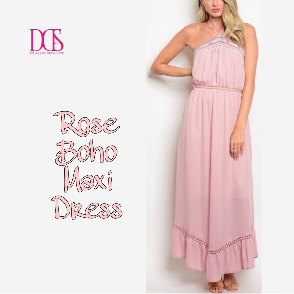 Rose-Blush Pink Boho Style Halter Maxi Dress